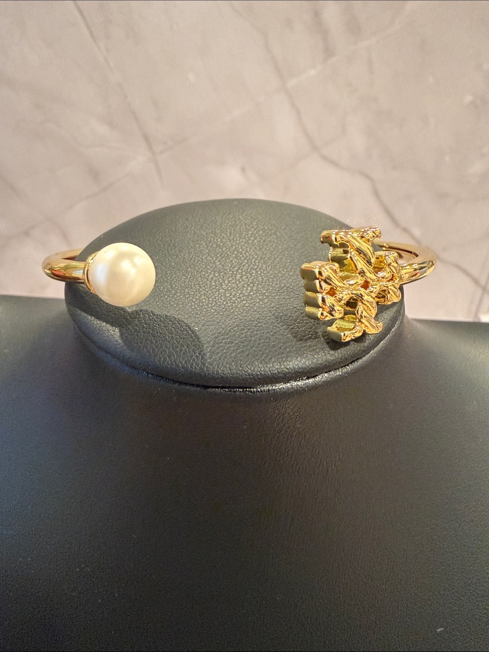 Tory Burch | Gold Plated Grooved Logo & Pearl Accent Open Cuff Bracelet - Picture 2 of 4